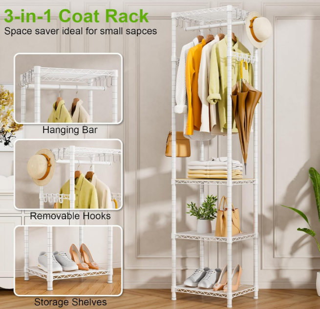 R1 Coat Rack Freestanding, Hall Tree with 4 Storage Shelves and 16 Hooks, Coat Rack Stand with Shelves, Small Clothes Rack Organizer for Entryway, Hallway, Bedroom, Office, White