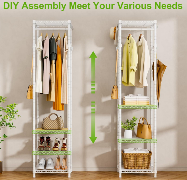 R1 Coat Rack Freestanding, Hall Tree with 4 Storage Shelves and 16 Hooks, Coat Rack Stand with Shelves, Small Clothes Rack Organizer for Entryway, Hallway, Bedroom, Office, White