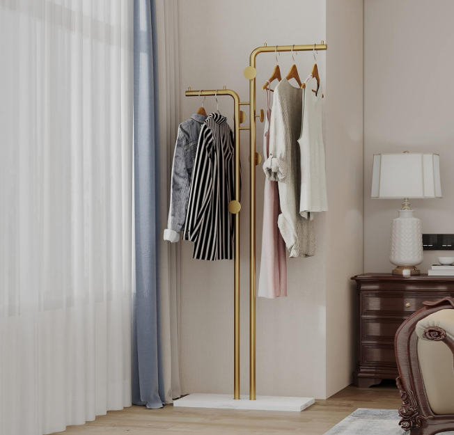 Double-pole Coat Rack Freestanding, Modern Metal Coat Racks Hanger Stand with 5 Hooks and Natural Marble Base, for Bedroom, Office, Hallway, Entryway, Living Room Gold