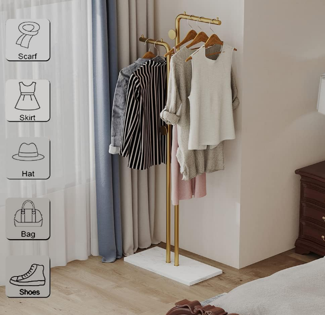 Double-pole Coat Rack Freestanding, Modern Metal Coat Racks Hanger Stand with 5 Hooks and Natural Marble Base, for Bedroom, Office, Hallway, Entryway, Living Room Gold