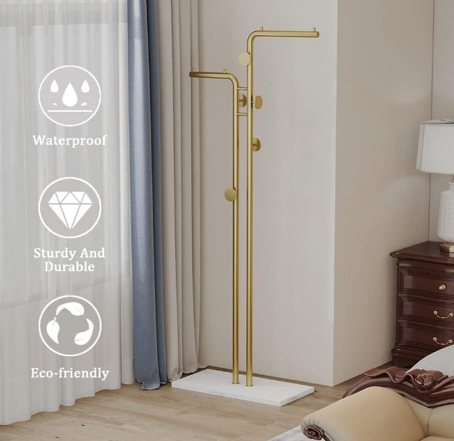 Double-pole Coat Rack Freestanding, Modern Metal Coat Racks Hanger Stand with 5 Hooks and Natural Marble Base, for Bedroom, Office, Hallway, Entryway, Living Room Gold