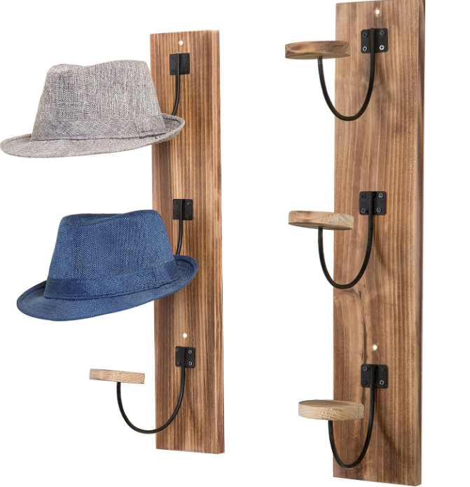  Light Burnt Wood Hat Rack for Wall with Metal Wire and Wood Hooks, Vertical Mount Coat, Hat and Clothes Hanger, Set of 2