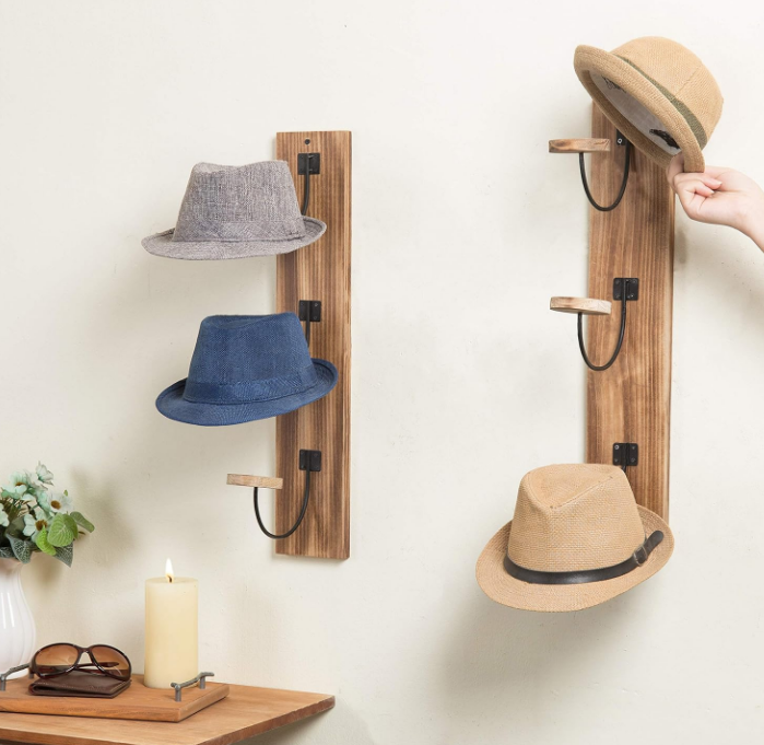  Light Burnt Wood Hat Rack for Wall with Metal Wire and Wood Hooks, Vertical Mount Coat, Hat and Clothes Hanger, Set of 2