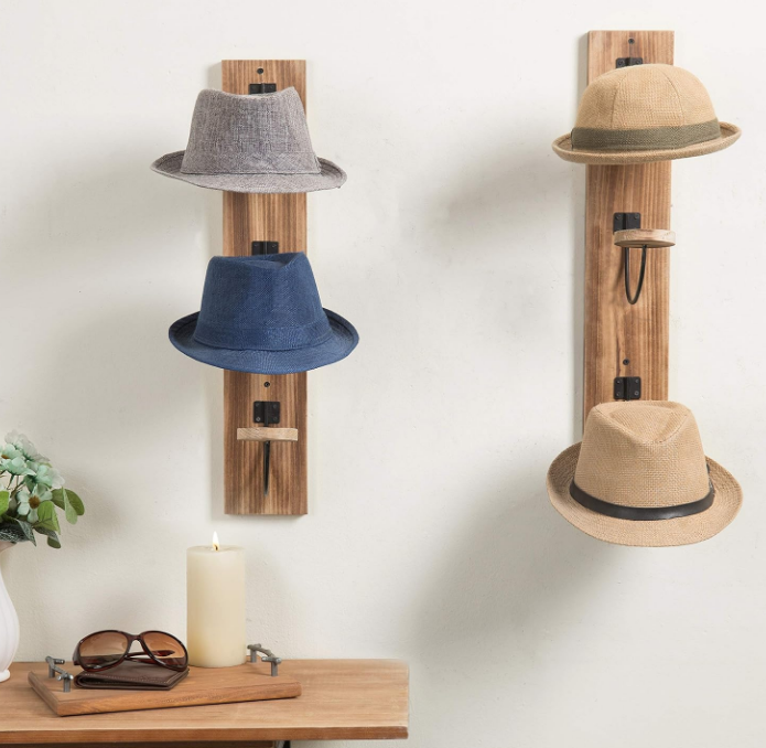  Light Burnt Wood Hat Rack for Wall with Metal Wire and Wood Hooks, Vertical Mount Coat, Hat and Clothes Hanger, Set of 2