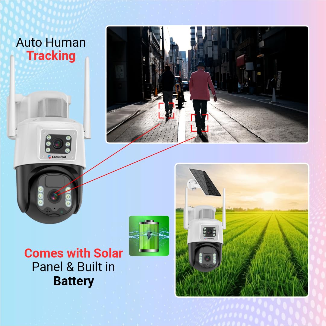 Consistent 3+3MP Solar Powered 4G Sim Based CCTV Outdoor Security Camera with 7W Solar Panel Built-in Battery | Surveillance for Agriculture | Remote Area | Construction Site | Garden