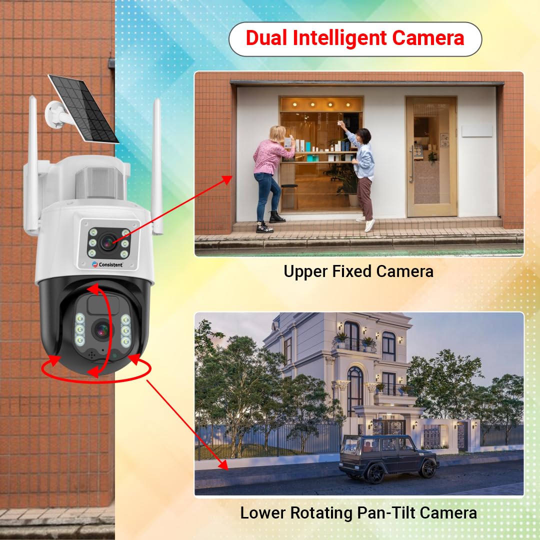 Consistent 3+3MP Solar Powered 4G Sim Based CCTV Outdoor Security Camera with 7W Solar Panel Built-in Battery | Surveillance for Agriculture | Remote Area | Construction Site | Garden