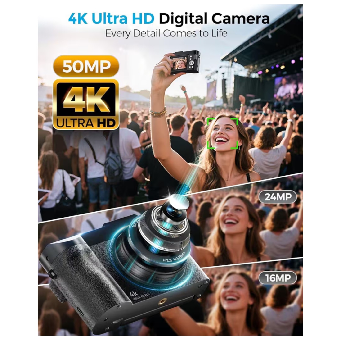 Cámara Digital 4K 50MP con Autofocus y Pantalla Giratoria 180°