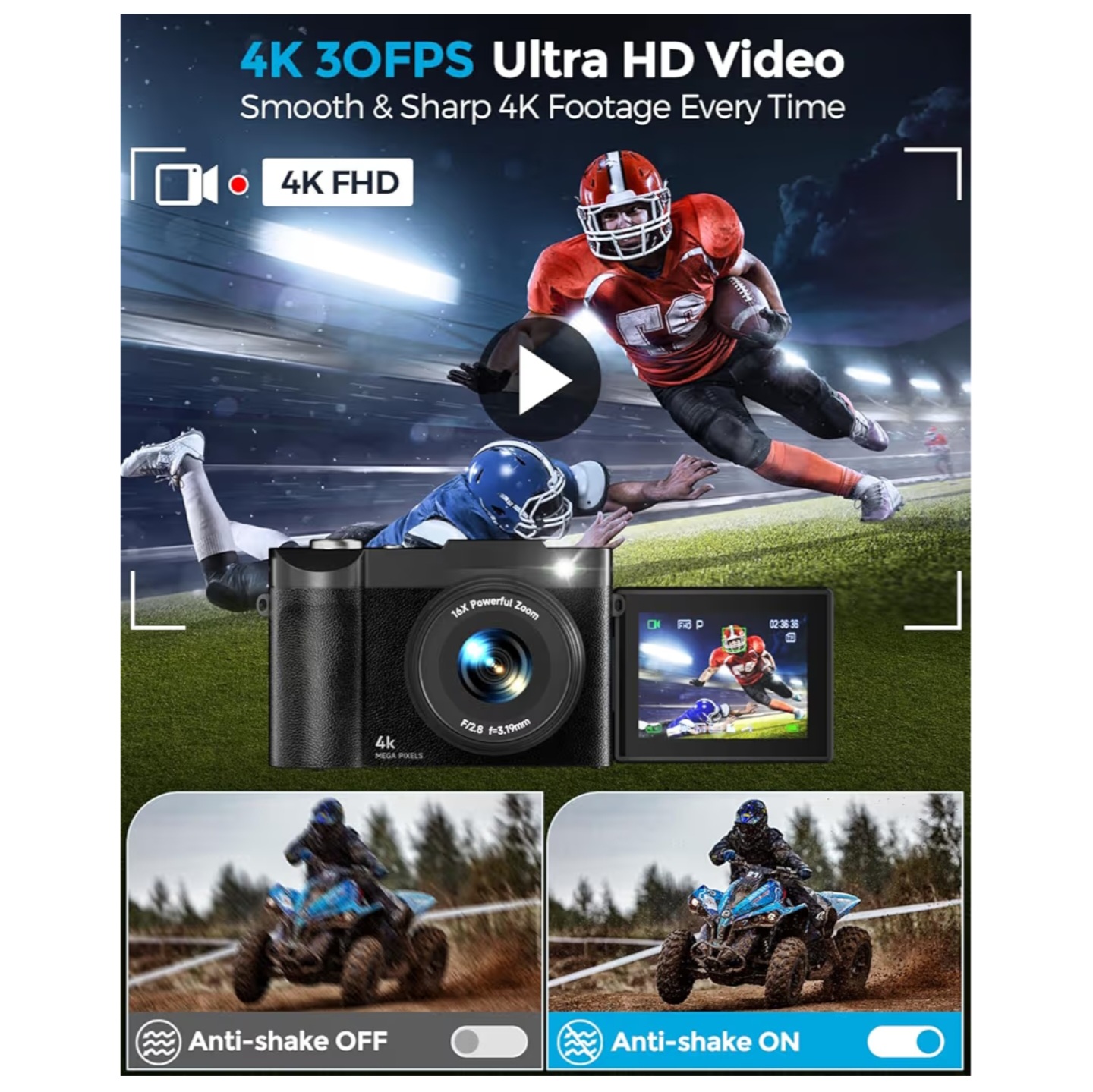 Cámara Digital 4K 50MP con Autofocus y Pantalla Giratoria 180°