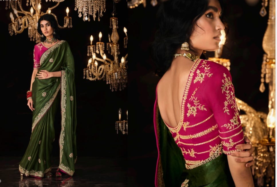 Green and Pink Embroidered Saree