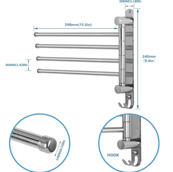 Towel Rack JSVER Swivel 4 Arms Extended Towel Holder, SUS304 Stainless Steel Space Saving Towel Rack, Towel Racks for Bathroom, Kitchen