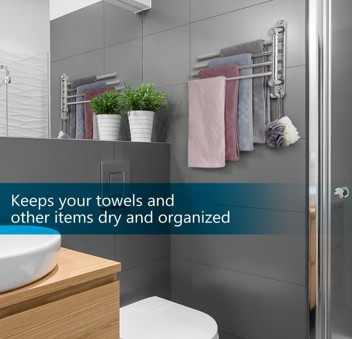 Towel Rack JSVER Swivel 4 Arms Extended Towel Holder, SUS304 Stainless Steel Space Saving Towel Rack, Towel Racks for Bathroom, Kitchen