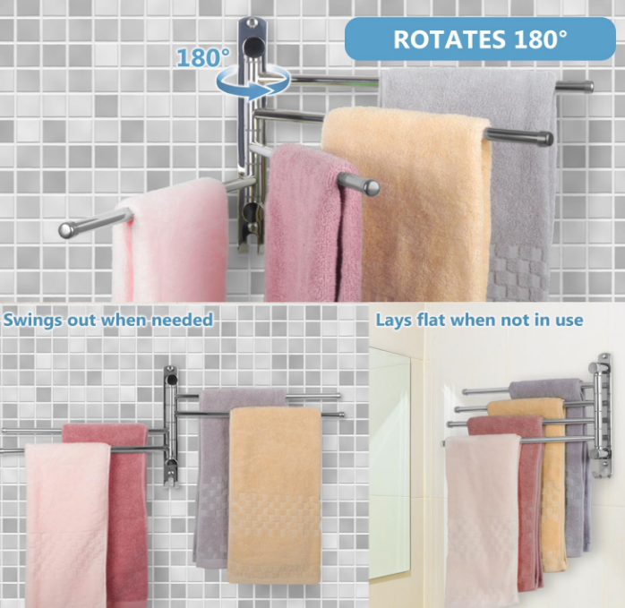 Towel Rack JSVER Swivel 4 Arms Extended Towel Holder, SUS304 Stainless Steel Space Saving Towel Rack, Towel Racks for Bathroom, Kitchen