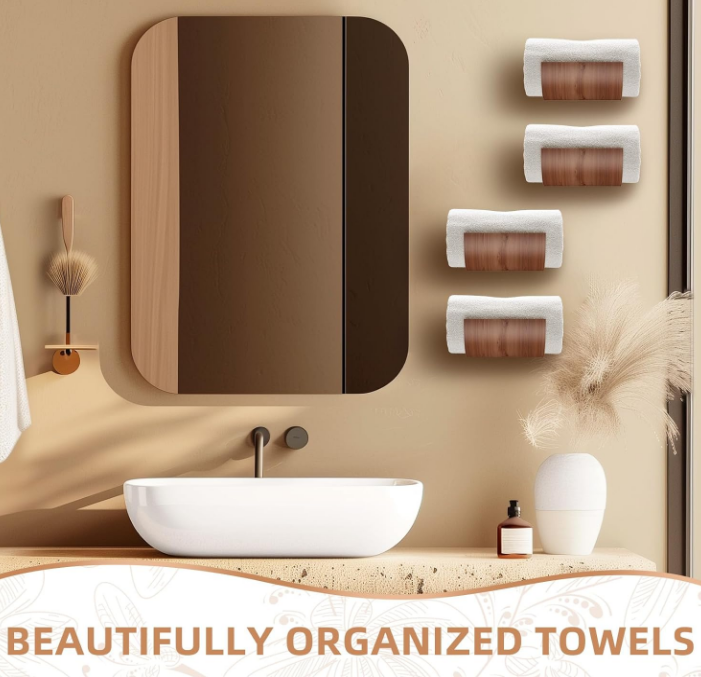 Towel Racks for Bathroom Set of 4 Wall Towel Racks, Versatile Hanging Towel Organizer，Wood Towel Holder for Rolled Towels, Spa, Blanket, Yoga Mat – Easy Installation, Eco-Friendly