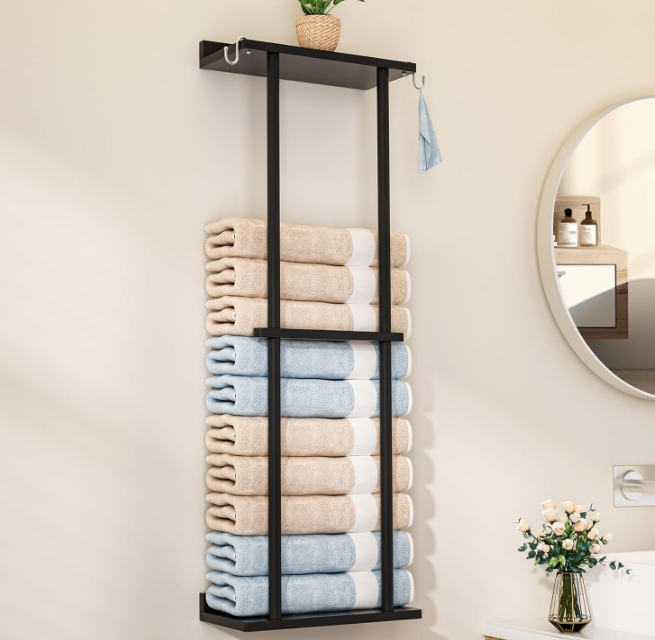 Bamboo Towel Rack for Bathroom with 2 Hooks, 32.7 inch with Shelf Wall Mounted Towel Storage Organizer, Large Capacity Towel Holder for Bathe Towels and Hand Towels (Black)