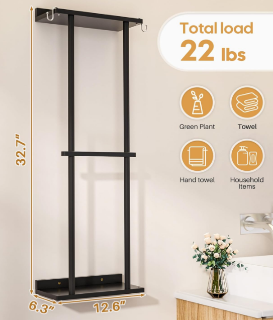 Bamboo Towel Rack for Bathroom with 2 Hooks, 32.7 inch with Shelf Wall Mounted Towel Storage Organizer, Large Capacity Towel Holder for Bathe Towels and Hand Towels (Black)