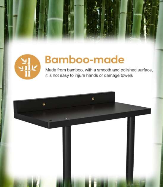 Bamboo Towel Rack for Bathroom with 2 Hooks, 32.7 inch with Shelf Wall Mounted Towel Storage Organizer, Large Capacity Towel Holder for Bathe Towels and Hand Towels (Black)