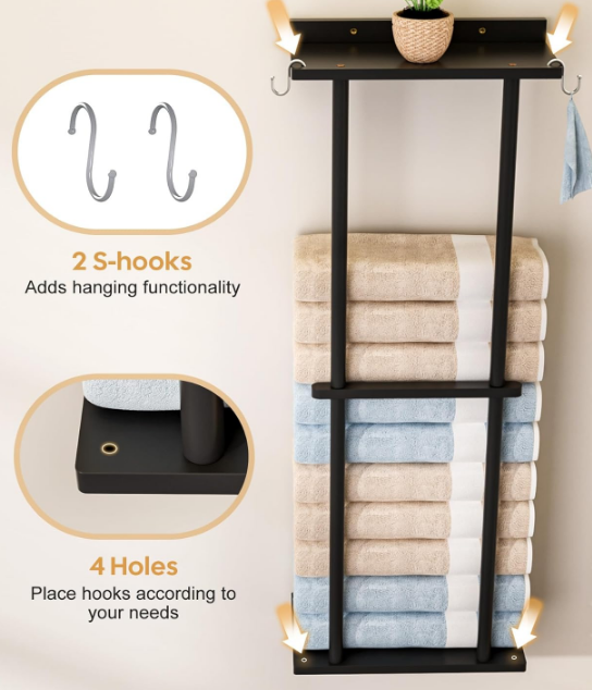 Bamboo Towel Rack for Bathroom with 2 Hooks, 32.7 inch with Shelf Wall Mounted Towel Storage Organizer, Large Capacity Towel Holder for Bathe Towels and Hand Towels (Black)