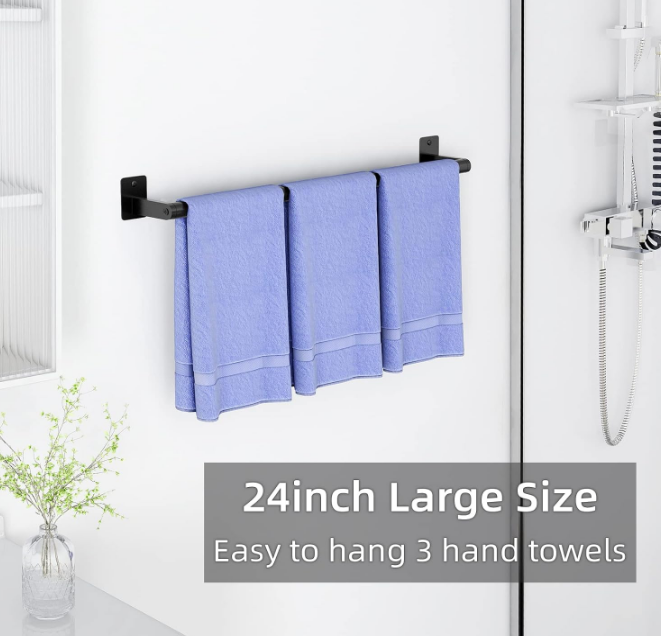 Bathroom Towel Bar, 24 Inch Towel Racks for Bathroom Wall Mounted, Heavy Duty Hand Towel Holder Organizer, Modern Home Decor Towel Rod, Matte Black Single Bar