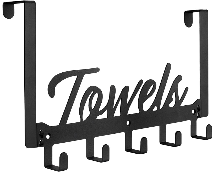 Over The Door Hooks, Towel Rack Towel Hooks for Bathroom, Towel Holder for Hanging Heavy Duty, Towel Hanger Over Door Hanger with 5 Coat Hooks for Bedroom Bathroom Kitchen, Black