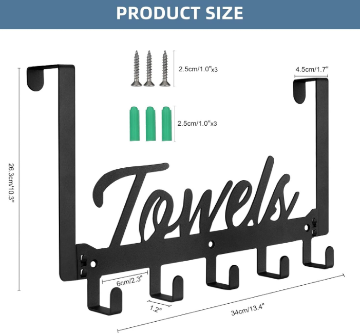 Over The Door Hooks, Towel Rack Towel Hooks for Bathroom, Towel Holder for Hanging Heavy Duty, Towel Hanger Over Door Hanger with 5 Coat Hooks for Bedroom Bathroom Kitchen, Black