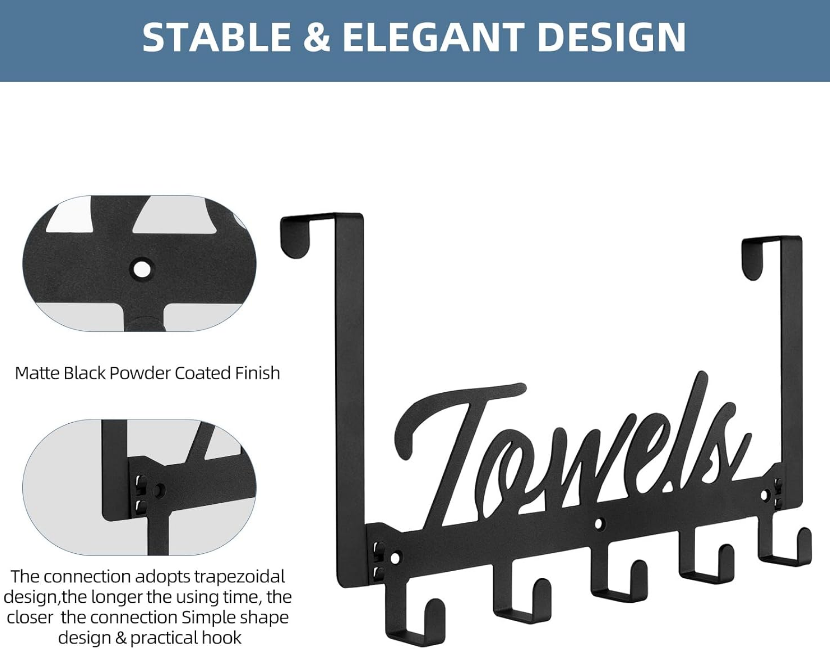 Over The Door Hooks, Towel Rack Towel Hooks for Bathroom, Towel Holder for Hanging Heavy Duty, Towel Hanger Over Door Hanger with 5 Coat Hooks for Bedroom Bathroom Kitchen, Black
