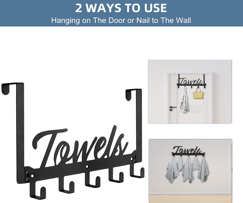 Over The Door Hooks, Towel Rack Towel Hooks for Bathroom, Towel Holder for Hanging Heavy Duty, Towel Hanger Over Door Hanger with 5 Coat Hooks for Bedroom Bathroom Kitchen, Black