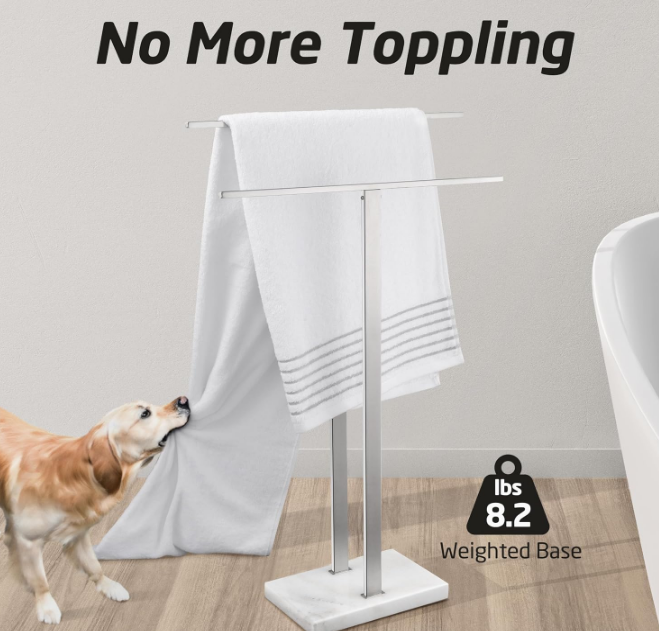 Standing Towel Rack 2-Tier Towel Rack Stand with Marble Base for Bathroom Floor, Upgrade Steady Design, Pro-Grade 18/8 Stainless Steel Brushed Finish