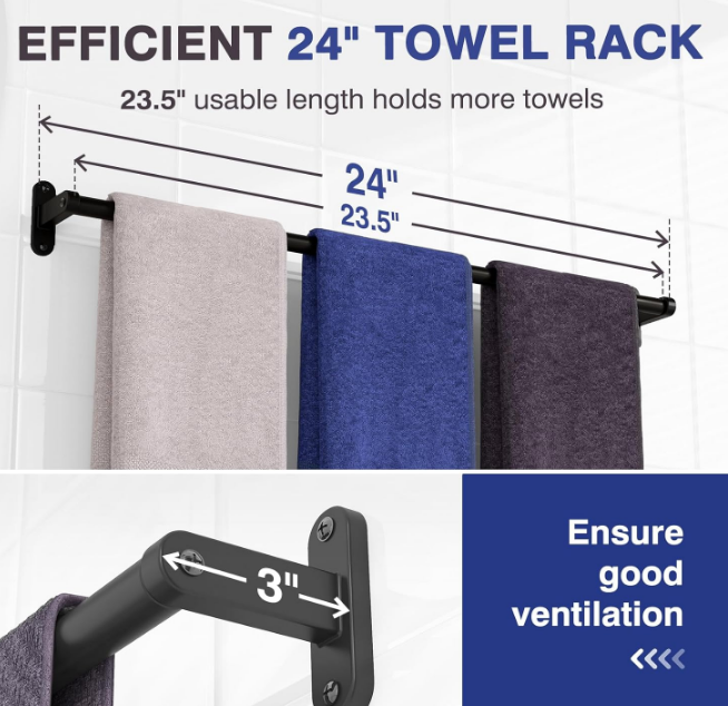 Towel Rack for Bathroom - 24" Rustproof Towel Holder, Sturdy Towel Bar Wall Mounted, Space-Saving Towel Hanger, Bathroom Accessories, Home Decor, Apparment Essentials, Black