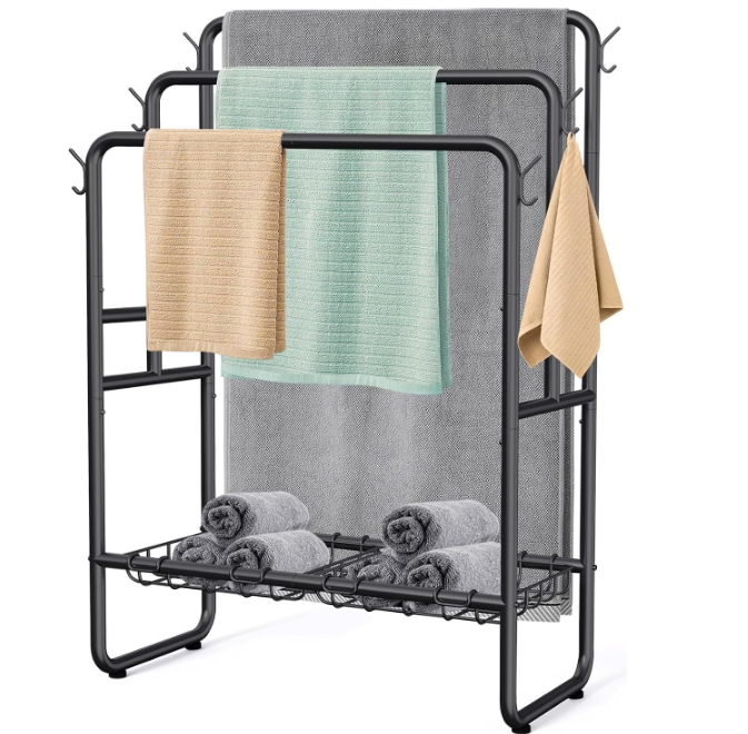40" Tall Standing Towel Racks, 3 Tier Towel Stand Blanket Rack with 2 Removable Storage Baskets & 6 Hooks, Indoor Outdoor Freestanding Towel Racks for Bathroom Bedroom Organizer (Metal Black)