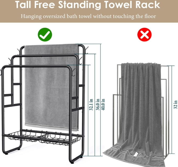 40" Tall Standing Towel Racks, 3 Tier Towel Stand Blanket Rack with 2 Removable Storage Baskets & 6 Hooks, Indoor Outdoor Freestanding Towel Racks for Bathroom Bedroom Organizer (Metal Black)