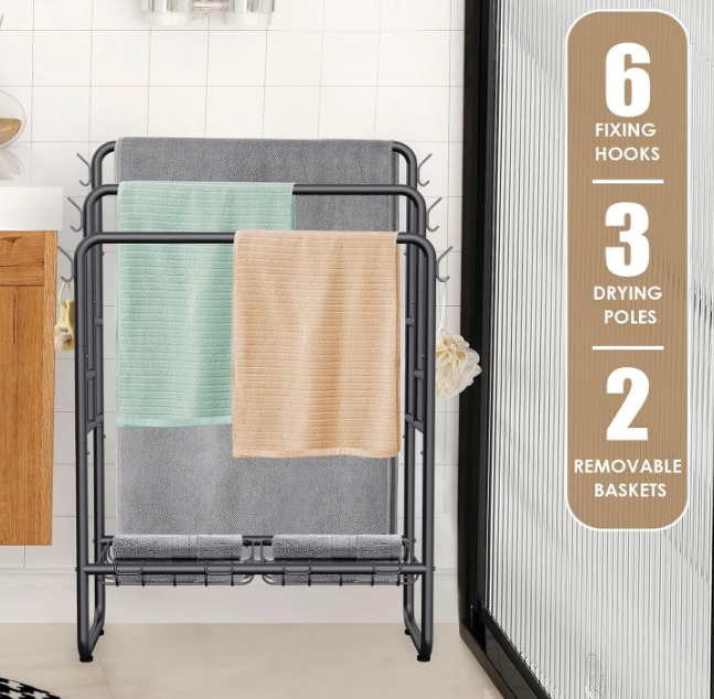 40" Tall Standing Towel Racks, 3 Tier Towel Stand Blanket Rack with 2 Removable Storage Baskets & 6 Hooks, Indoor Outdoor Freestanding Towel Racks for Bathroom Bedroom Organizer (Metal Black)