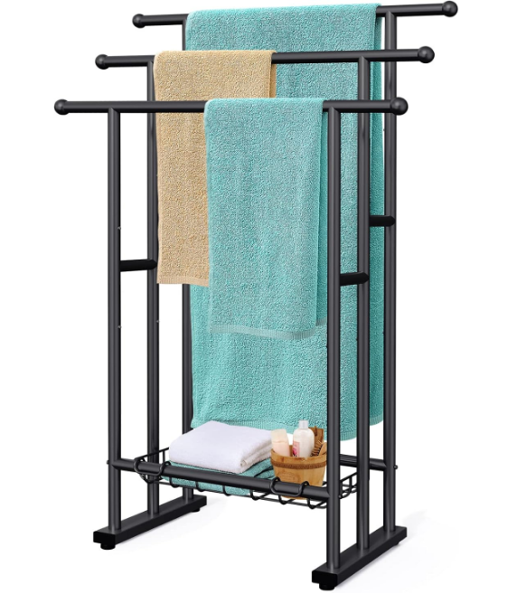 40" H Free Standing Towel Rack, 3 Tier Alloy Steel Stand with Basket, Blanket Drying and Display Rack for Oversized Bath Towels Bathroom Accessories, Next to Tub or Shower (Black)