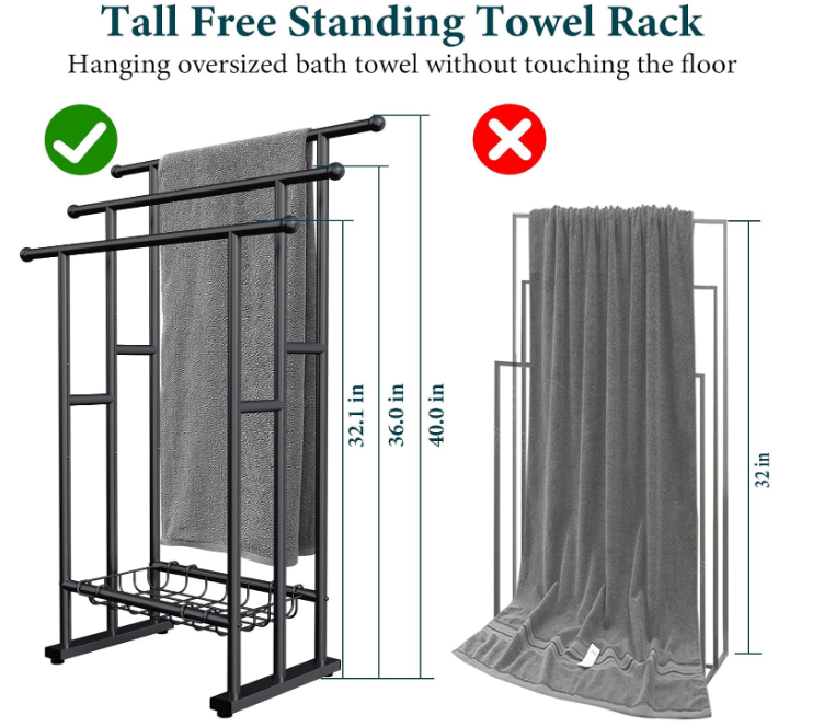 40" H Free Standing Towel Rack, 3 Tier Alloy Steel Stand with Basket, Blanket Drying and Display Rack for Oversized Bath Towels Bathroom Accessories, Next to Tub or Shower (Black)