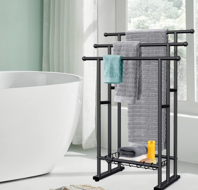 40" H Free Standing Towel Rack, 3 Tier Alloy Steel Stand with Basket, Blanket Drying and Display Rack for Oversized Bath Towels Bathroom Accessories, Next to Tub or Shower (Black)