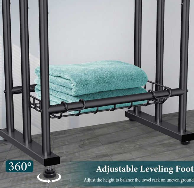 40" H Free Standing Towel Rack, 3 Tier Alloy Steel Stand with Basket, Blanket Drying and Display Rack for Oversized Bath Towels Bathroom Accessories, Next to Tub or Shower (Black)