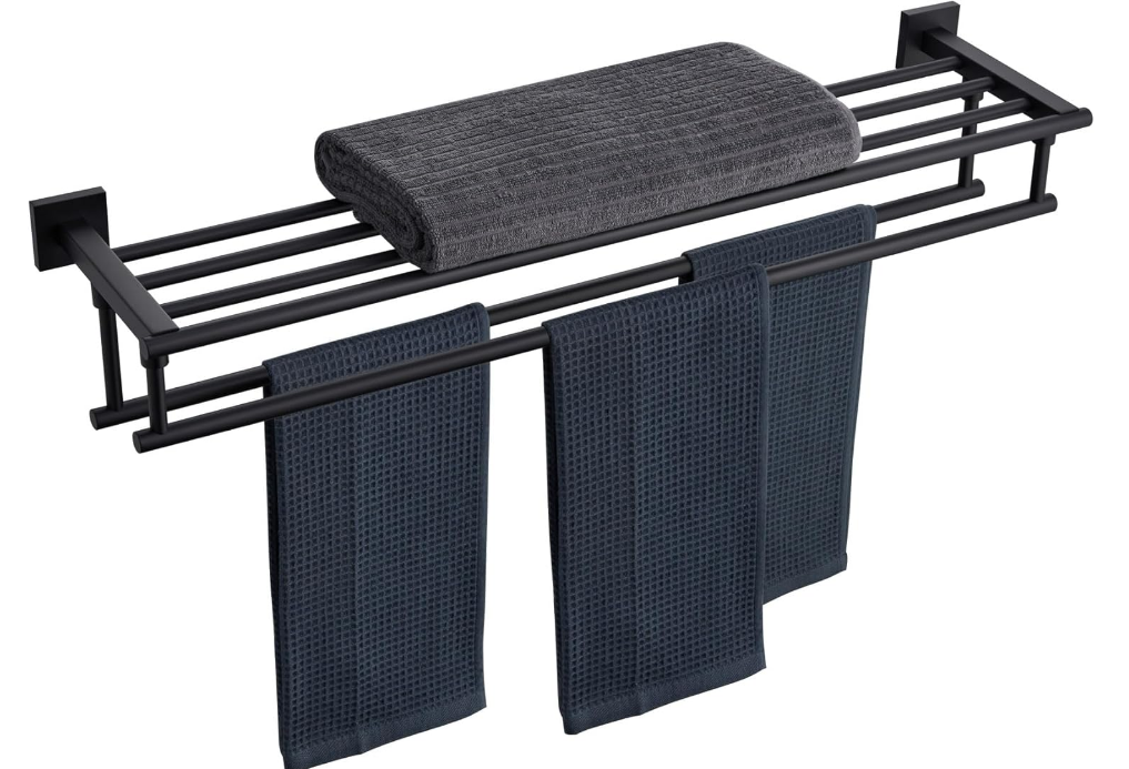 Bath Towel Rack with Double Towel Bars 32-Inch Bathroom Towel Shelves Towel Holder Wall Mounted Stainless Steel, Matte Black