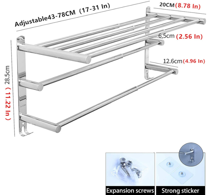 Stretchable 19.7-31.5 Inch Towel Bar Towel Hanger Towel Rack Stainless Steel Strong 3M Adhesive Bathroom Wall-Mounted Type No Hole mounting Hole Drilling Installation Toilet Kitchen