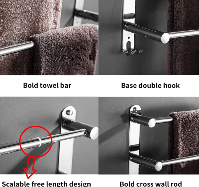 Stretchable 19.7-31.5 Inch Towel Bar Towel Hanger Towel Rack Stainless Steel Strong 3M Adhesive Bathroom Wall-Mounted Type No Hole mounting Hole Drilling Installation Toilet Kitchen