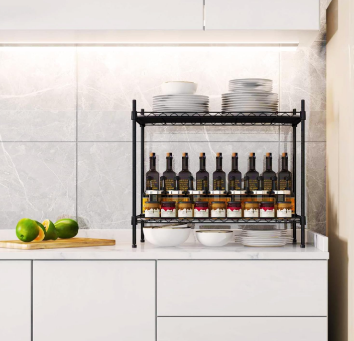 Best 2-Tier Wire Shelving - Black - Lightweight Mini Seasoning Shelf - Kitchen Storage Shelves, Unit with Storage Rack Corner Shelf Shelving Adjustable Storage Shelf, 11.8 "D x 15.7" W x 17.7 "H