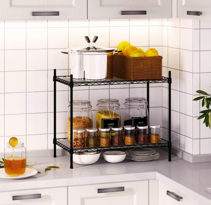 Best 2-Tier Wire Shelving - Black - Lightweight Mini Seasoning Shelf - Kitchen Storage Shelves, Unit with Storage Rack Corner Shelf Shelving Adjustable Storage Shelf, 11.8 "D x 15.7" W x 17.7 "H