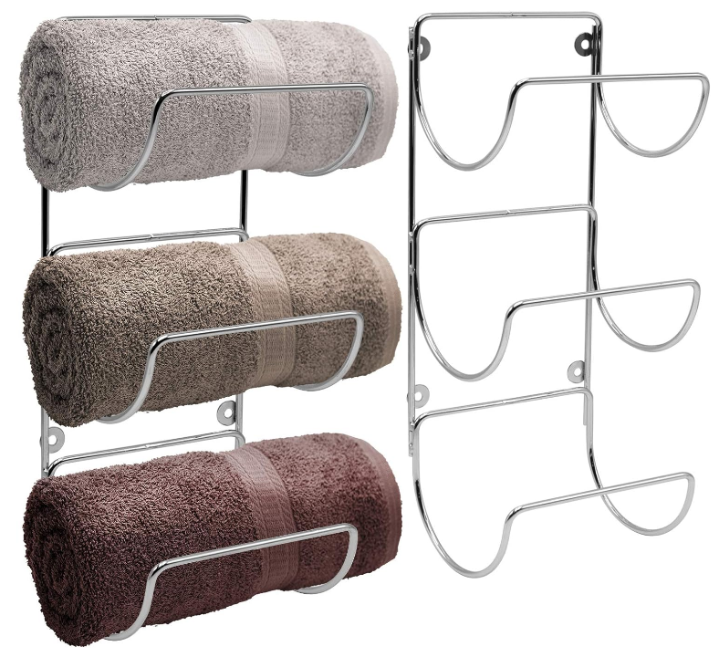 Towel Holder for Bathroom Wall - 6 Level Wall Mounted Towel Rack Shelves for Rolled Bath Towels, Washcloths, Linen - Silver Hanging Towel Racks for Bathroom, Spa, Salon, Towel Storage Organizer