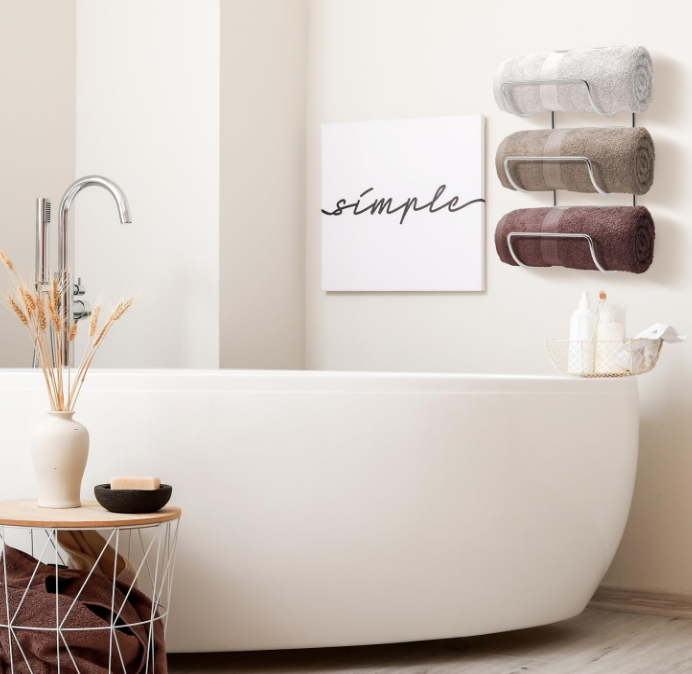 Towel Holder for Bathroom Wall - 6 Level Wall Mounted Towel Rack Shelves for Rolled Bath Towels, Washcloths, Linen - Silver Hanging Towel Racks for Bathroom, Spa, Salon, Towel Storage Organizer