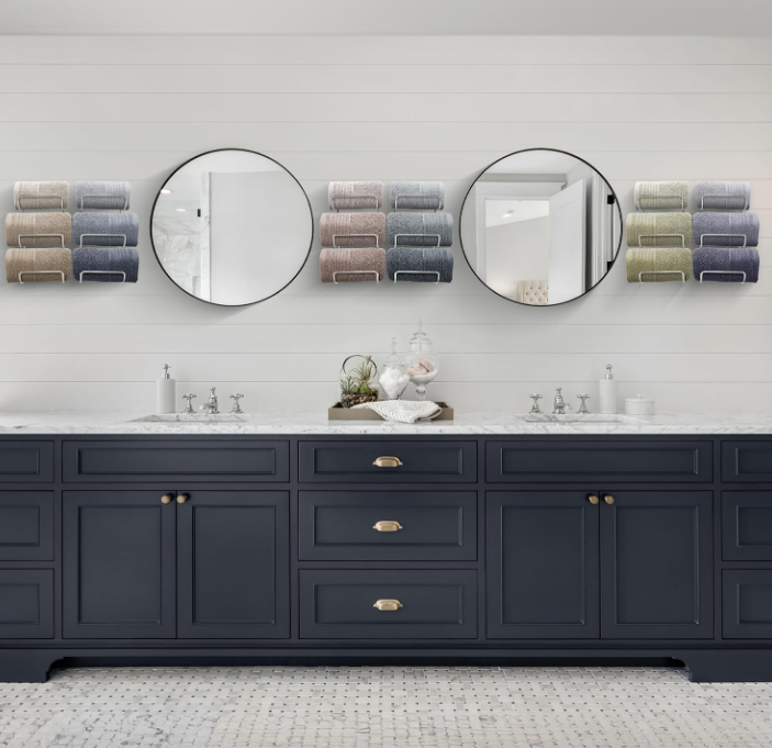 Towel Holder for Bathroom Wall - 6 Level Wall Mounted Towel Rack Shelves for Rolled Bath Towels, Washcloths, Linen - Silver Hanging Towel Racks for Bathroom, Spa, Salon, Towel Storage Organizer