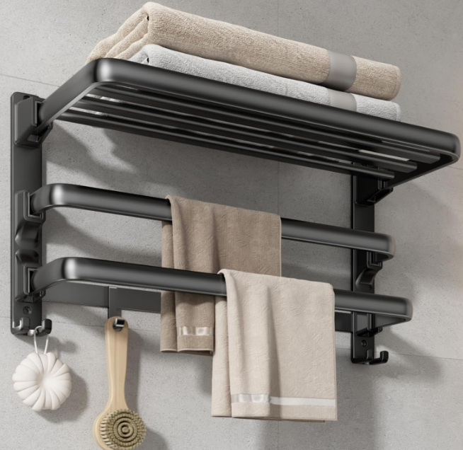 24-Inch Towel Rack,Bathroom Towel Shelf with 2 Towel Bar Foldable Towel Holder with 7 Hooks Towel Storage Organizer for Bathroom & Lavatory Wall Mounted (Matte Black)