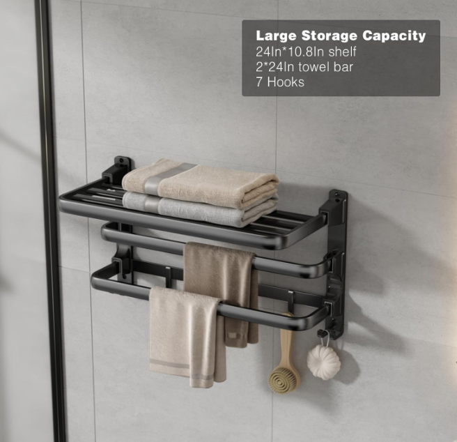 24-Inch Towel Rack,Bathroom Towel Shelf with 2 Towel Bar Foldable Towel Holder with 7 Hooks Towel Storage Organizer for Bathroom & Lavatory Wall Mounted (Matte Black)