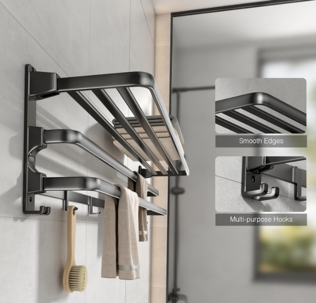 24-Inch Towel Rack,Bathroom Towel Shelf with 2 Towel Bar Foldable Towel Holder with 7 Hooks Towel Storage Organizer for Bathroom & Lavatory Wall Mounted (Matte Black)