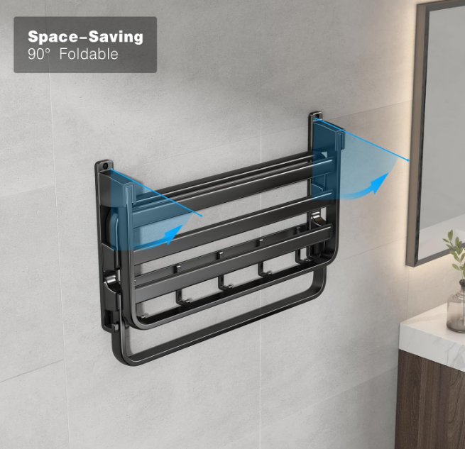 24-Inch Towel Rack,Bathroom Towel Shelf with 2 Towel Bar Foldable Towel Holder with 7 Hooks Towel Storage Organizer for Bathroom & Lavatory Wall Mounted (Matte Black)