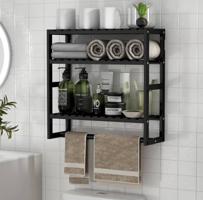Towel Rack Bathroom Storage Shelves Over The Toilet with Towel Bar 100% Bamboo Adjustable Height Floating Shelf Wall Shower Shelf for Bathroom Kitchen Living Room Multi Usage (Black-1Pack)