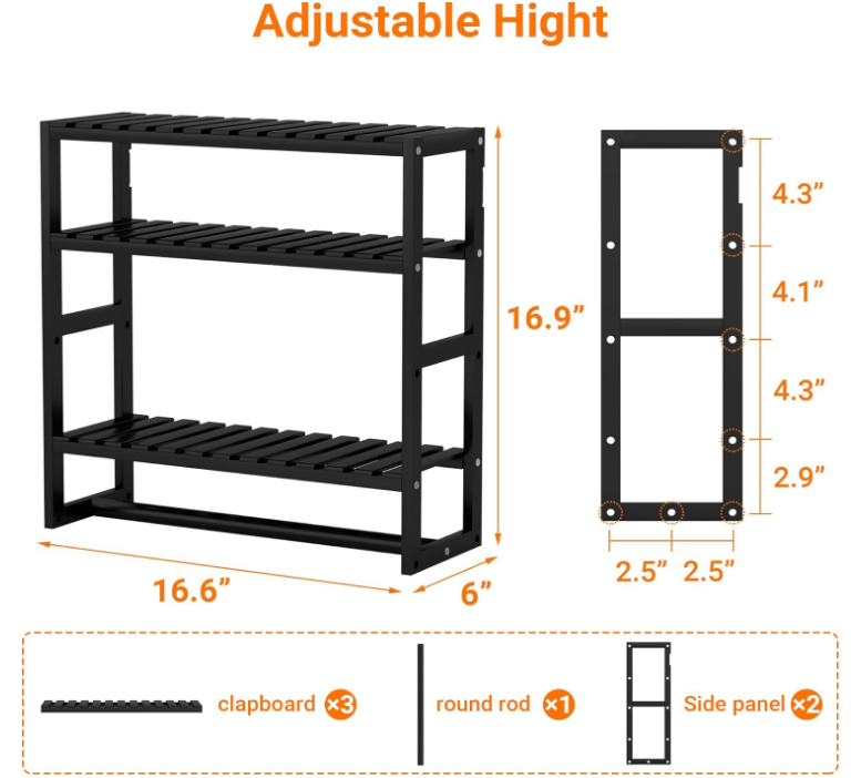 Towel Rack Bathroom Storage Shelves Over The Toilet with Towel Bar 100% Bamboo Adjustable Height Floating Shelf Wall Shower Shelf for Bathroom Kitchen Living Room Multi Usage (Black-1Pack)