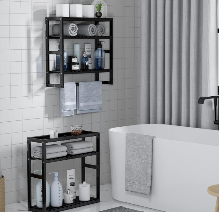 Towel Rack Bathroom Storage Shelves Over The Toilet with Towel Bar 100% Bamboo Adjustable Height Floating Shelf Wall Shower Shelf for Bathroom Kitchen Living Room Multi Usage (Black-1Pack)